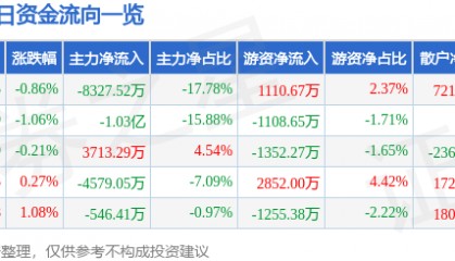 股票行情快报：九洲药业（603456）8月21日主力资金净卖出8327.52万元