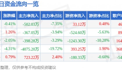 股票行情快报：华电能源（600726）5月27日主力资金净卖出502.03万元