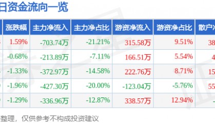 股票行情快报：京能置业（600791）6月23日主力资金净卖出703.74万元