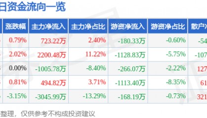 股票行情快报：华电能源（600726）5月21日主力资金净买入723.22万元