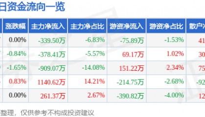 股票行情快报：华电能源（600726）6月16日主力资金净卖出339.50万元