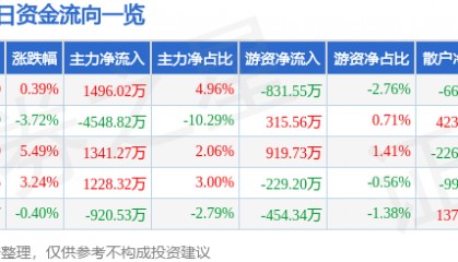 股票行情快报：华电能源（600726）5月13日主力资金净买入1496.02万元