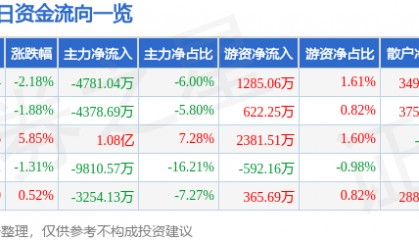 股票行情快报：万向钱潮（000559）6月13日主力资金净卖出4781.04万元