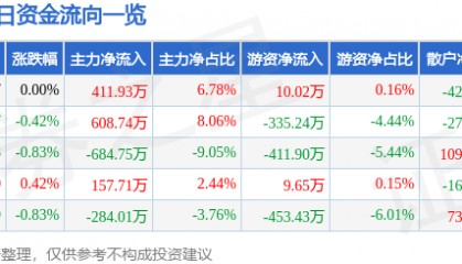 股票行情快报：华电能源（600726）6月4日主力资金净买入411.93万元