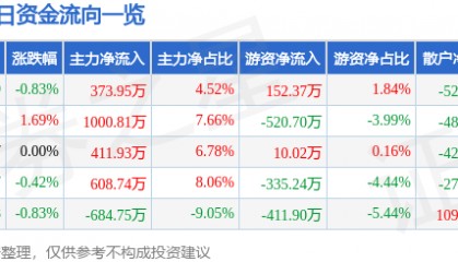 股票行情快报：华电能源（600726）6月6日主力资金净买入373.95万元