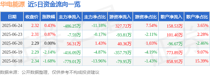 股票行情快报：华电能源（600726）6月24日主力资金净卖出486.25万元