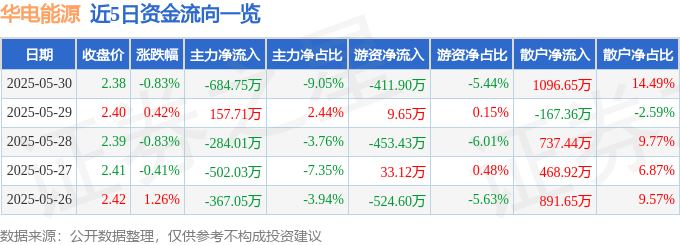 股票行情快报：华电能源（600726）5月30日主力资金净卖出684.75万元