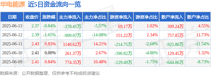 股票行情快报：华电能源（600726）6月13日主力资金净卖出378.41万元