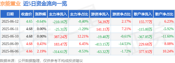 股票行情快报：京能置业（600791）6月12日主力资金净卖出210.16万元