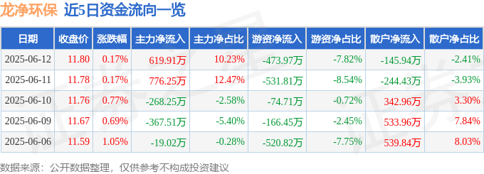 股票行情快报：龙净环保（600388）6月12日主力资金净买入619.91万元