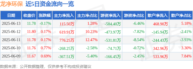 股票行情快报：龙净环保（600388）6月13日主力资金净买入115.50万元