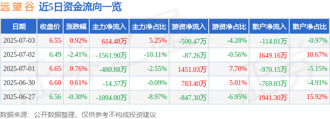 股票行情快报：远望谷（002161）7月3日主力资金净买入614.48万元
