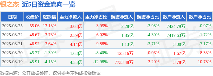 银之杰（300085）8月25日主力资金净买入3.03亿元