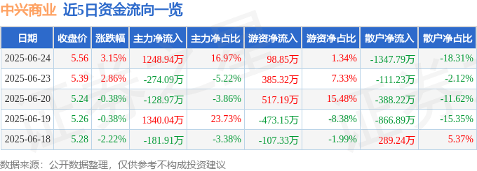 股票行情快报：中兴商业（000715）6月24日主力资金净买入1248.94万元
