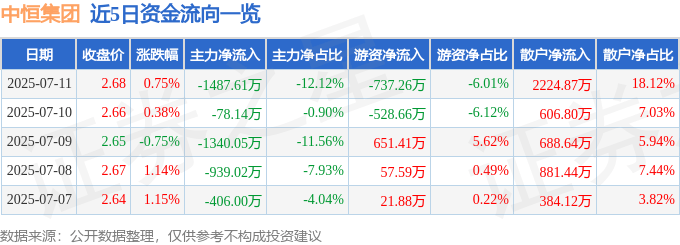 股票行情快报：中恒集团（600252）7月11日主力资金净卖出1487.61万元
